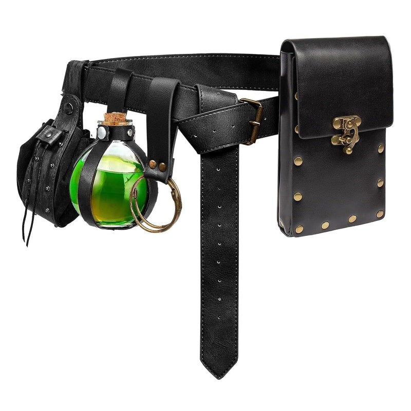 KOTORA Renaissance Belt Pouch Coin Purse Skirt Hike Set Medieval Festival Costume Halloween Accessories Casual Fanny Pack Waist Bag (Pouch & Bottle-Black) - Image 1